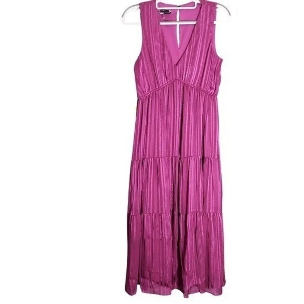 Maison Tara Midi Dress Women 4 Metallic Striped‎ Empire Waist Tiered Sleeveless